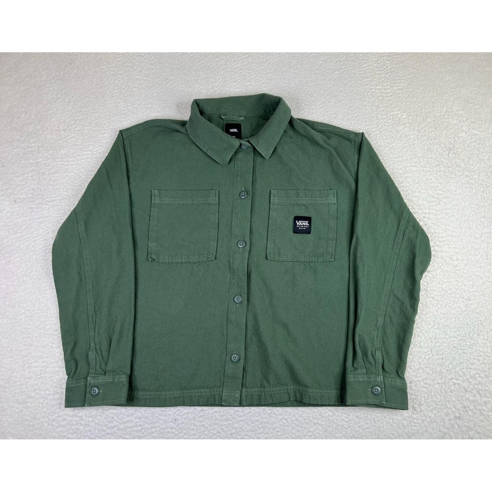 Vans Shirt Womens Large Green Knit Cotton Long Sleeve Button Up 2 Pocket Casual